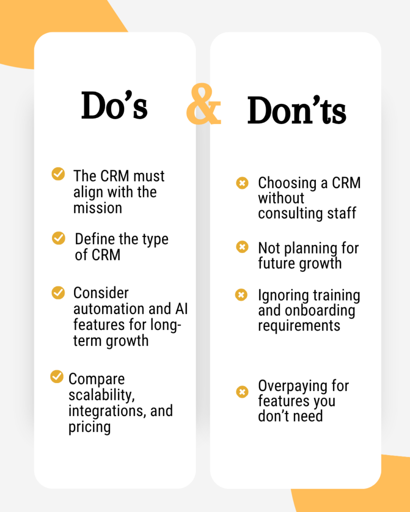 Chart displaying the do's and don'ts of CRM, emphasizing important guidelines for optimizing customer relationship management.