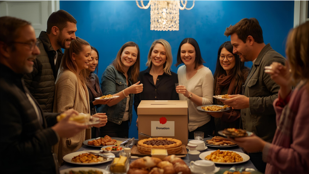 thanksgiving dinner - GiveCentral Blog Several individuals are standing around a table laden with food, participating in a Thanksgiving donation gathering.