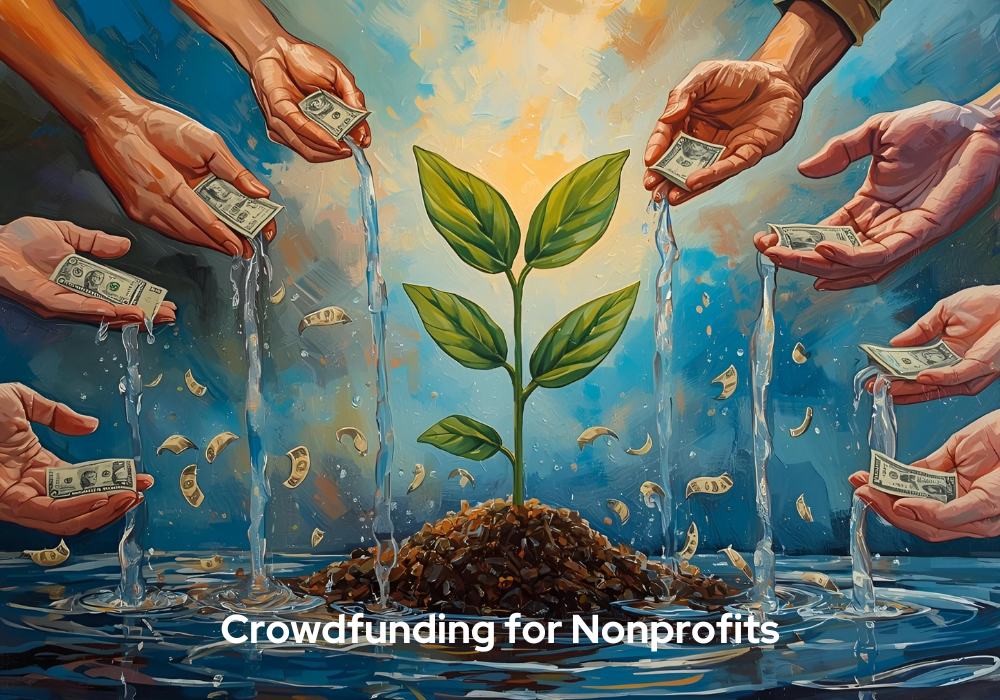  Image depicting a diverse group of people collaborating on a crowdfunding campaign for nonprofit organizations.