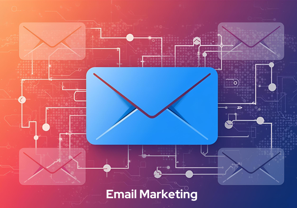 Email marketing concept featuring a blue envelope surrounded by various digital icons representing communication tools.
