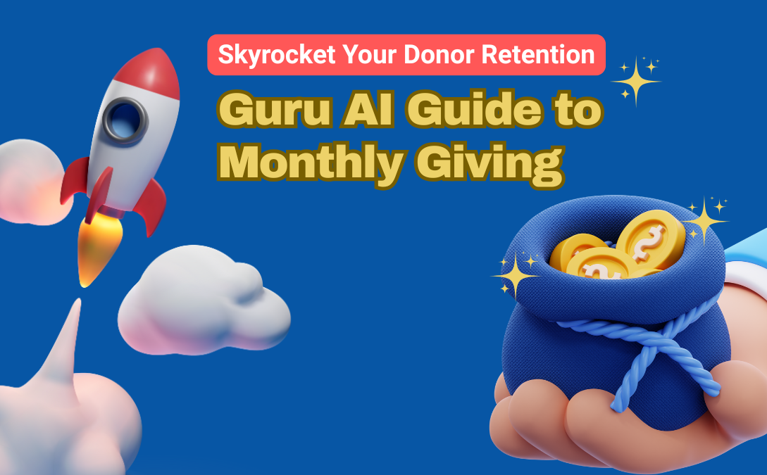 Guide titled "Guru Al: A Guide to Monthly Giving" featuring tips and strategies for effective charitable contributions.