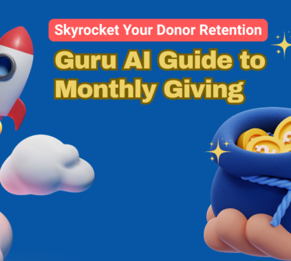 Guide titled "Guru Al: A Guide to Monthly Giving" featuring tips and strategies for effective charitable contributions.