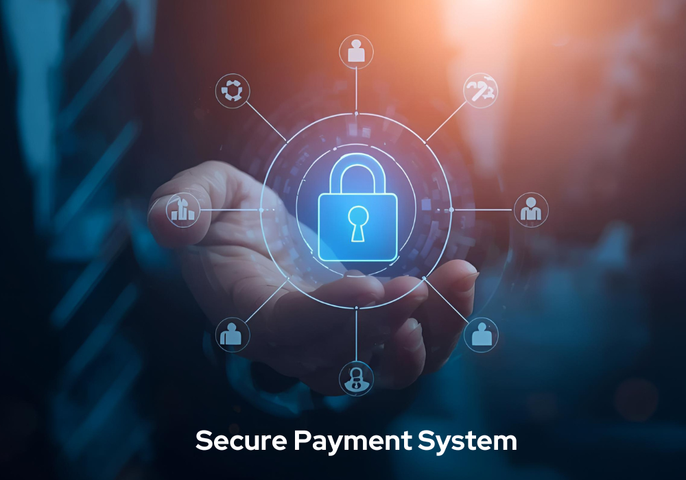 Concept image showing a secure payment system with a padlock and various payment method icons on a tech-themed backdrop.